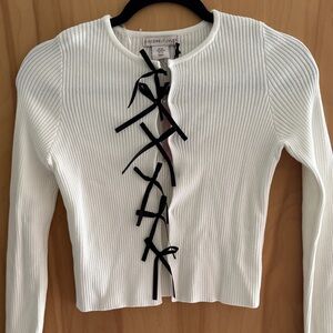 Sincerly Jules White Ribbed Cardigan with Black Ribbon Front Ties